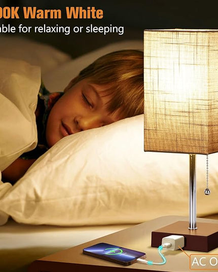 Bedside Table Lamp for Bedroom Nightstand, 3 Color Pull Chain Nightstand Lamps Set of 2 with AC Outlets, Square Gray Lampshade Bedside Lamp for Living Room, Office Desk, LED Bulb Included - LeafyLoom