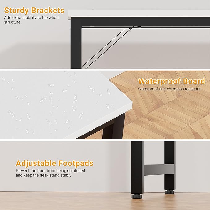 47 Inch Computer Desks with Power Outlets and USB Charging Ports, Modern Office Desk for Small Spaces, Sturdy Laptop PC Gaming Writing Table for Students, White and Black - LeafyLoom