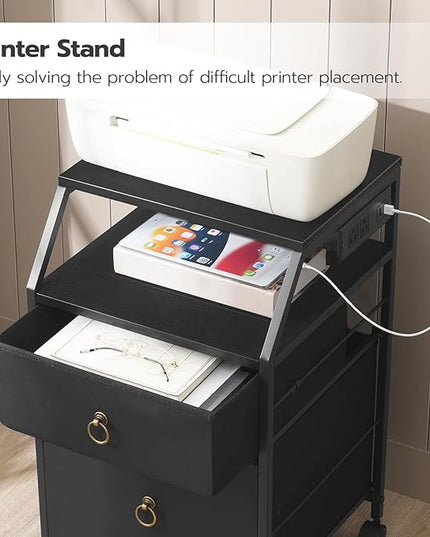 HOOBRO 2-Drawer Mobile File Cabinet, Filing Cabinet with Charging Station, Rolling Printer Stand with Open Storage Shelf, fits A4/Letter-Size for Home Office, Nonwovens Drawer, Black BB10UWJ01 - LeafyLoom