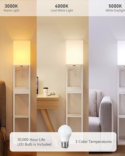 SUNMORY Dimmable Floor Lamp with Shelves,Modern Solid Wood Standing Lamp with 1 Drawer and 2 USB Ports & 2 Power Outlet,Corner Tall Bookshelf Lamp for Living Room and Bedroom(White) - LeafyLoom