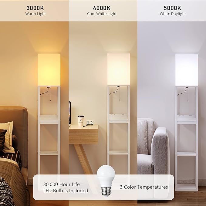 SUNMORY Dimmable Floor Lamp with Shelves,Modern Solid Wood Standing Lamp with 1 Drawer and 2 USB Ports & 2 Power Outlet,Corner Tall Bookshelf Lamp for Living Room and Bedroom(White) - LeafyLoom