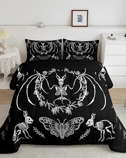 Feelyou Skull Comforter Set Bat Skeleton Comforter Boho Moth Gothic Skull Bedding Set for Kids Boys Girls Adults Halloween Themed Duvet Set Ultra Soft Horror Room Decor Twin Size Quilt Set - LeafyLoom