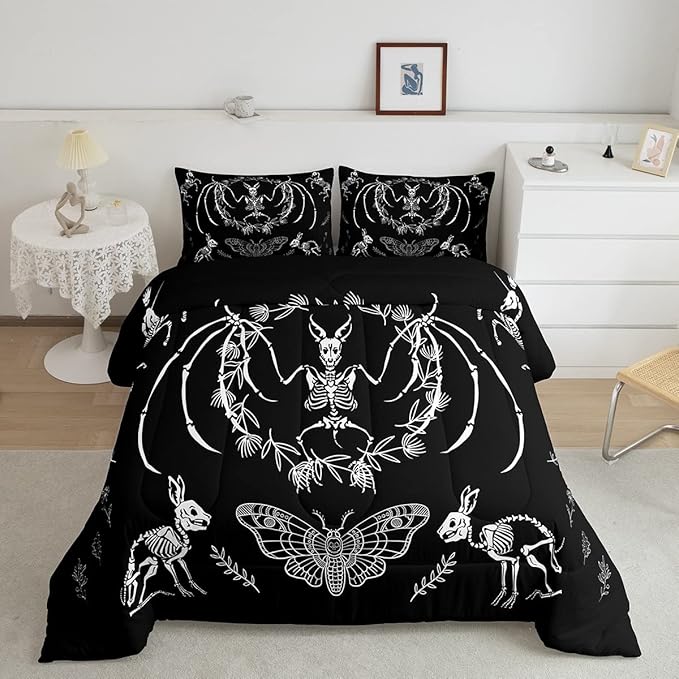 Feelyou Skull Comforter Set Bat Skeleton Comforter Boho Moth Gothic Skull Bedding Set for Kids Boys Girls Adults Halloween Themed Duvet Set Ultra Soft Horror Room Decor Twin Size Quilt Set - LeafyLoom