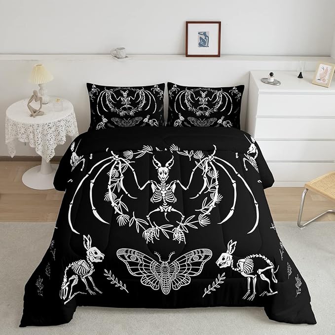 Feelyou Skull Comforter Set Bat Skeleton Comforter Boho Moth Gothic Skull Bedding Set for Kids Boys Girls Adults Halloween Themed Duvet Set Ultra Soft Horror Room Decor Queen Size Quilt Set - LeafyLoom