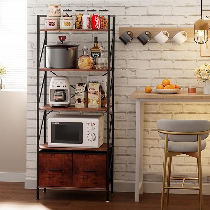 5 Tier Bookshelf Bookcase with 2 Drawer,Tall Book Shelf Display Standing Shelf Units,Wood Book Rack Shelves Storage Organizer for Bedroom Home Office Kitchen Living Room, 22.4 in(Rust Brown,2 Drawers) - LeafyLoom