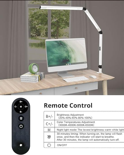 Micomlan LED Desk Lamp for Home Office, Architect Clamp Desk Lamp with Remote Control, Adjustable Swing Arm Clamp on Desk Light Clip-on Dual Light 5 Brightness Levels & 4 CCT Modes Table Light - LeafyLoom