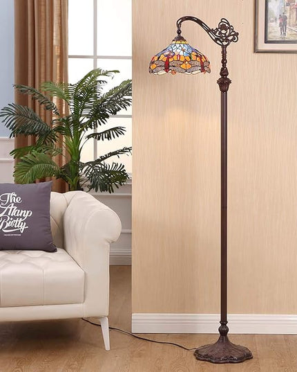 Bieye L10702 Dragonfly Tiffany Style Stained Glass Floor Reading Lamp with 12 Inch Wide Lampshade Metal Base, Adjustable Light Direction, 62 inch Tall, Blue Orange - LeafyLoom
