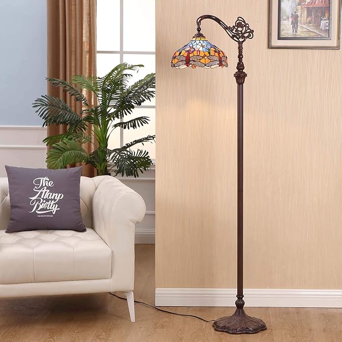 Bieye L10702 Dragonfly Tiffany Style Stained Glass Floor Reading Lamp with 12 Inch Wide Lampshade Metal Base, Adjustable Light Direction, 62 inch Tall, Blue Orange - LeafyLoom