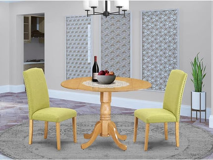 East West Furniture Dublin 3 Piece Kitchen Set Contains a Round Room Table with Dropleaf and 2 Limelight Linen Fabric Parson Dining Chairs, 42x42 Inch, DLEN3-OAK-07 - LeafyLoom