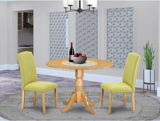 East West Furniture Dublin 3 Piece Kitchen Set Contains a Round Room Table with Dropleaf and 2 Limelight Linen Fabric Parson Dining Chairs, 42x42 Inch, DLEN3-OAK-07 - LeafyLoom