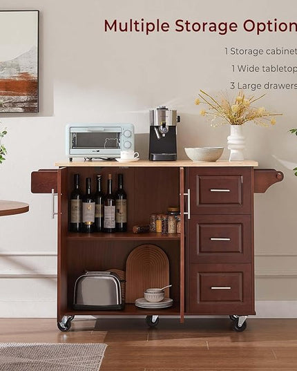54" Rolling Kitchen Island Cart with Storage, Large Kitchen Cart with Folding Drop Leaf Breakfast Bar, Wood Island Table for Kitchen with 3 Drawers and Spice Rack & Towel Rack, Rustic Brown - LeafyLoom