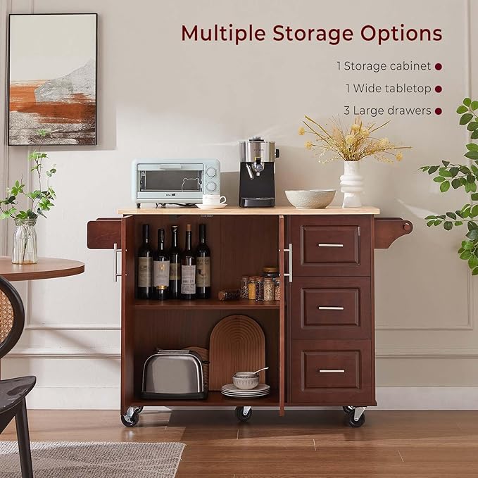 54" Rolling Kitchen Island Cart with Storage, Large Kitchen Cart with Folding Drop Leaf Breakfast Bar, Wood Island Table for Kitchen with 3 Drawers and Spice Rack & Towel Rack, Rustic Brown - LeafyLoom