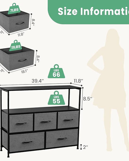 ANTONIA TV Stand Dresser for Bedroom with 5 Fabric Drawer, Entertainment Center for 45 inch Television, Media Console Table with Storage, Open Shelf, Adjustable Feet, Living Room Furniture, Grey - LeafyLoom