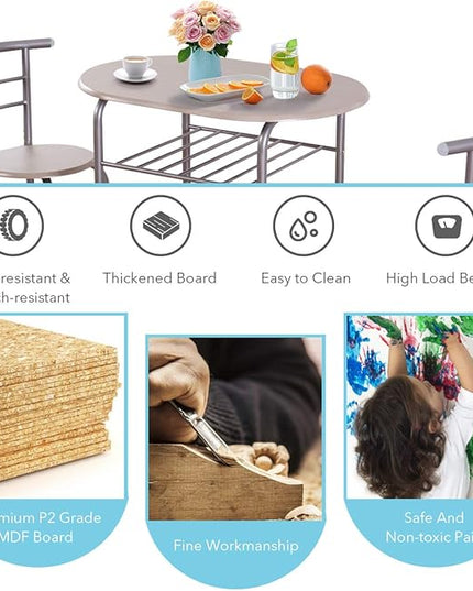 DORTALA 3PCS Dining Table Set, 1 table & 2 chairs set, 3 Piece Compact Dining Set, Oval Table & Mid-back Chairs w/Built-in Wine Rack, Suitable for Small Space, Silver & Natural - LeafyLoom