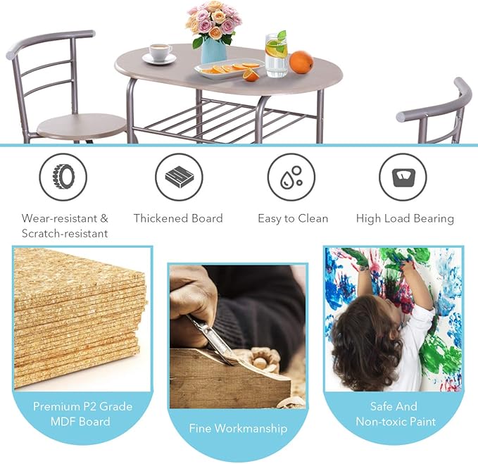 DORTALA 3PCS Dining Table Set, 1 table & 2 chairs set, 3 Piece Compact Dining Set, Oval Table & Mid-back Chairs w/Built-in Wine Rack, Suitable for Small Space, Silver & Natural - LeafyLoom