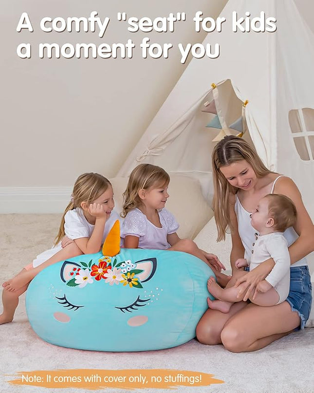Aubliss Bean Bag Cover for Stuffed Animal Storage - Unicorn Bean Bag Velvet Cover (No Beans) - Large Stuff 'n Sit Organization for Kids Toy Storage (Large, Cyan) - LeafyLoom