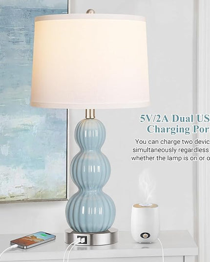 Qimh Table Lamps for Bedroom Set of 2, 26.5" Bedside Lamps for Living Room with USB Ports Touch Control, Modern Blue Ceramic Nightstand Lamp White Shade Home Decor (LED Bulb Included) - LeafyLoom