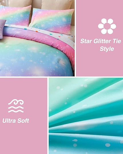 A Nice Night 6Pcs Gradient Glitter Bedding Set for Girls Full Size, Colorful Rainbow Galaxy Comforter Set, Ultra Soft Bedding Sets, Pink - LeafyLoom