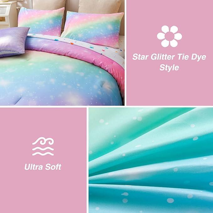A Nice Night 6Pcs Gradient Glitter Bedding Set for Girls Full Size, Colorful Rainbow Galaxy Comforter Set, Ultra Soft Bedding Sets, Pink - LeafyLoom
