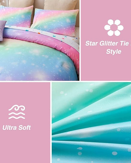 A Nice Night 6Pcs Gradient Glitter Bedding Set for Girls Twin Size, Colorful Rainbow Galaxy Comforter Set, Ultra Soft Bedding Sets, Pink - LeafyLoom