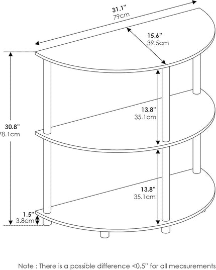 Furinno Frans Turn-N Half Round Console Table with Stainless Steel Tubes, White Oak, 15.6D x 31.1W x 30.8H in - LeafyLoom