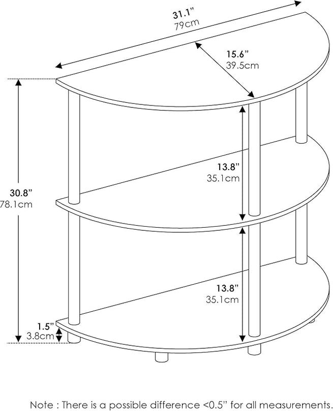 Furinno Frans Turn-N Half Round Console Table with Stainless Steel Tubes, White Oak, 15.6D x 31.1W x 30.8H in - LeafyLoom