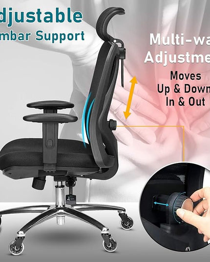 Duramont Ergonomic Office Chair - Adjustable Desk Chair with Lumbar Support and Rollerblade Wheels - High Back Chairs with Breathable Mesh - Thick Seat Cushion, Head, and Arm Rests - Reclines - LeafyLoom