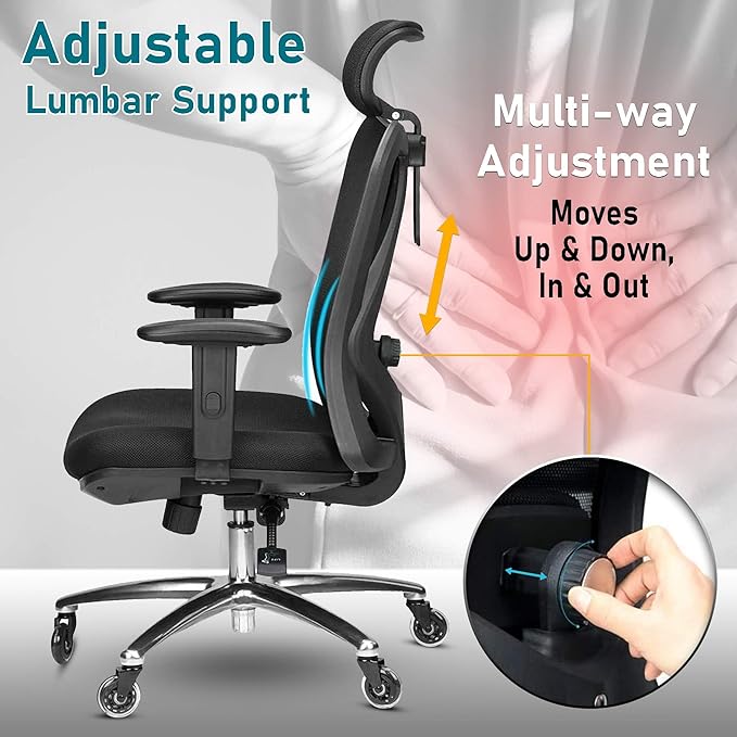 Duramont Ergonomic Office Chair - Adjustable Desk Chair with Lumbar Support and Rollerblade Wheels - High Back Chairs with Breathable Mesh - Thick Seat Cushion, Head, and Arm Rests - Reclines - LeafyLoom