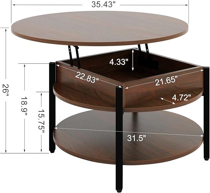 FABATO Round Lift Top Coffee Table for Living Room, 35.43'' Round Coffee Table with Storage and Hidden Compartment, 2 Tier Large Farmhouse Coffee Table Round Dining Table, Espresso - LeafyLoom