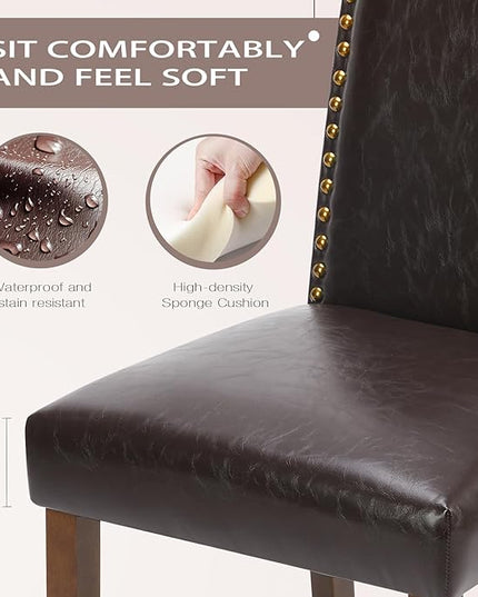 MCQ Upholstered Dining Chairs Set of 2, Modern Upholstered Leather Dining Room Chair with Nailhead Trim and Wood Legs, Mid-Century Accent Dinner Chair for Living Room, Kitchen, Dark Brown - LeafyLoom