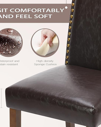 MCQ Upholstered Dining Chairs Set of 6, Modern Upholstered Leather Dining Room Chair with Nailhead Trim and Wood Legs, Mid-Century Accent Dinner Chair for Living Room, Kitchen, Dark Brown - LeafyLoom
