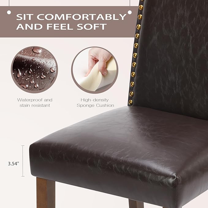 MCQ Upholstered Dining Chairs Set of 6, Modern Upholstered Leather Dining Room Chair with Nailhead Trim and Wood Legs, Mid-Century Accent Dinner Chair for Living Room, Kitchen, Dark Brown - LeafyLoom