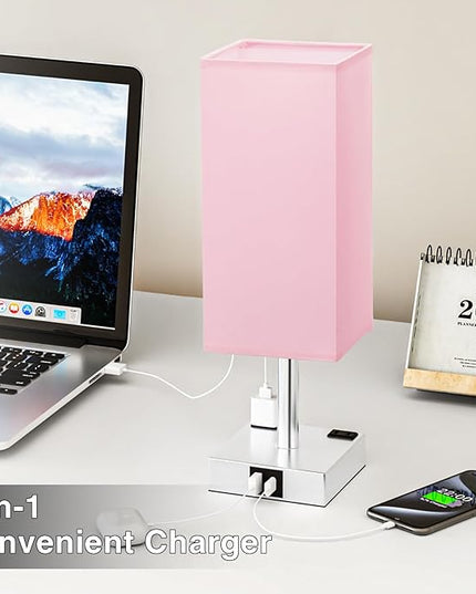 Touch Bedside Table Lamp For Nightstand - 3-Way Dimmable Night Lamp with USB A + Type C Charging Ports and two AC Outlets, Small Desk Light with E26 LED Bulb for Bedroom Living Room Dorm Office, PINK - LeafyLoom