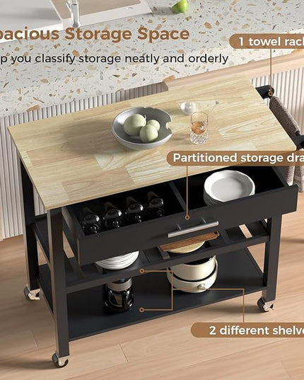 45" Kitchen Island Cart, 3 Tier Kitchen Island on Wheels with Storage Drawer, 2 Shelves & Towel Rack, Rolling Kitchen Island with Wood Top, Simple Design Island Table for Kitchen, Dark Black - LeafyLoom