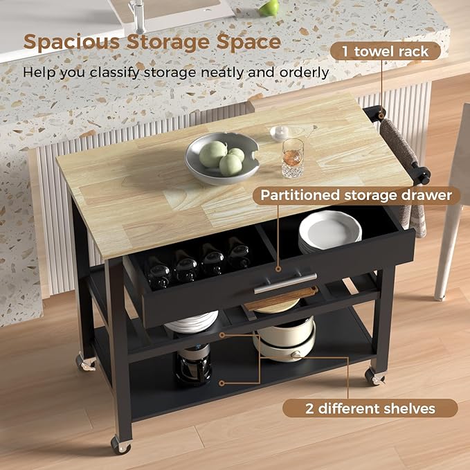 45" Kitchen Island Cart, 3 Tier Kitchen Island on Wheels with Storage Drawer, 2 Shelves & Towel Rack, Rolling Kitchen Island with Wood Top, Simple Design Island Table for Kitchen, Dark Black - LeafyLoom