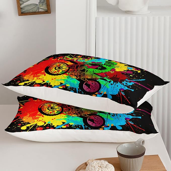 Axolotl Motocross Bedding Set Full,Dirt Bike Comforter Set,Extreme Sports Bedding,Motorcycle Racer Comforter Set Motocross Comforter Motor Vehicles Biker for Boys Kids Teens Men,1 Quilt 2 Pillowcases - LeafyLoom