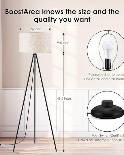 Floor Lamp for Living Room, Tripod Floor Lamp, 15W LED Bulb, 3 Levels Dimmable Brightness, Linen Lamp Shade, Mid Century Standing Lamp for Living Room, Bedroom, Study Room and Office - LeafyLoom