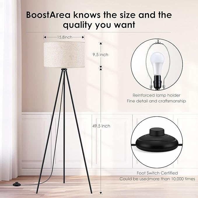 Floor Lamp for Living Room, Tripod Floor Lamp, 15W LED Bulb, 3 Levels Dimmable Brightness, Linen Lamp Shade, Mid Century Standing Lamp for Living Room, Bedroom, Study Room and Office - LeafyLoom