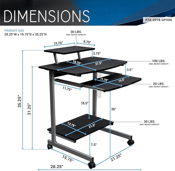 Techni Mobili Compact Computer Cart With Storage, Graphite - LeafyLoom