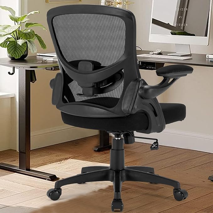 Ergonomic Mesh Office Chair, Comfy Desk Chair with Flip up Armrests, Swivel Computer Desk Chair with Adjustable Lumbar Support and Height for Home Office, 300 lbs Capacity - LeafyLoom