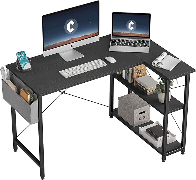 CubiCubi L Shaped Desk, 40" Computer Desk with Reversible Storage Shelves Home Office Corner Desk Study Writing Gaming Table, Black - LeafyLoom