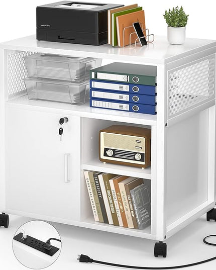 Unikito Rolling File Cabinet Lateral Office Filing Cabinets with Socket and USB Charging Port, Modern Printer Stand on Wheels, Printer Cabinet with Door and Open Storage, Lockable, White - LeafyLoom