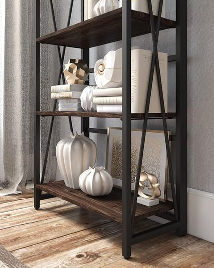 WOOD&LIFE 4 Tier Folding Bookshelf, Easily Assembled Bookcase Industrial Freestanding Multifunctional Decorative Storage Shelf, Rustic Vintage Wooden Metal Bookcase for Living Room Home Office - LeafyLoom