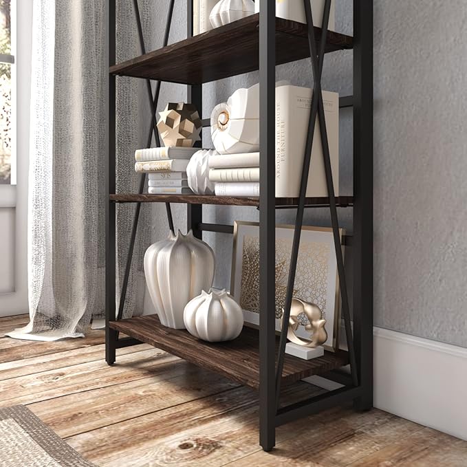 WOOD&LIFE 4 Tier Folding Bookshelf, Easily Assembled Bookcase Industrial Freestanding Multifunctional Decorative Storage Shelf, Rustic Vintage Wooden Metal Bookcase for Living Room Home Office - LeafyLoom