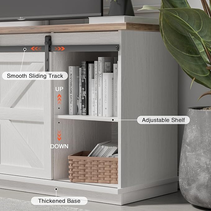 YESHOMY Farmhouse TV Stand and Entertainment Center for Televisions up to 65 Inchs, with Sliding Barn Doors and Storage Cabinets, Console Table and Media Furniture for Living Room, 58 Inch, White - LeafyLoom