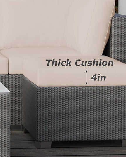 GAOMON 5-Piece Outdoor Patio Rattan Wicker Sofa Set, Pe Rattan Conversation Sectional with Thickened Back Cushion, Glass Tabletop, Ottoman - Ideal for Courtyard Space, Beige - LeafyLoom