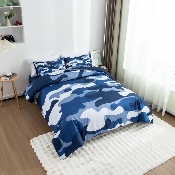 Meeting Story Camouflage Bedding Set, Colorful Pattern Style Comforter Set, 3 PCS One Comforter Two Pillowcases Two Sheets in One Bag, All Season Bedspread for Teens Adults (Navy, Queen - LeafyLoom