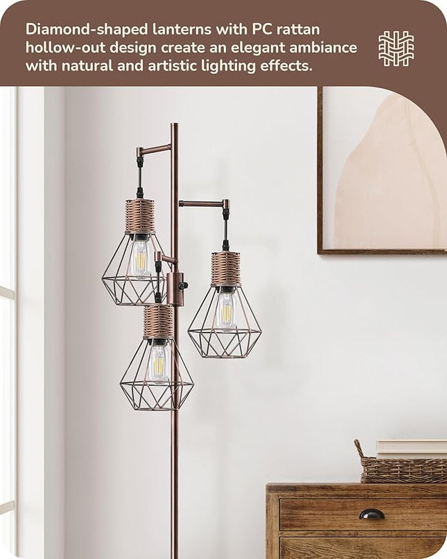 EDISHINE Farmhouse Floor Lamp Dimmable, Industrial Standing Lamp for Living Room, Diamond-Shaped Cage, Corner Rustic Rattan Tall Tree Reading Lamp Home Decor, Electroplated Brushed Red Copper - LeafyLoom
