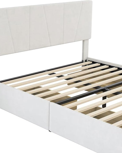 Full Size Upholstered Platform Bed Frame with 4 Storage Drawers and Adjustable Headboard, Wooden Slats Support, No Box Spring Needed, Beige - LeafyLoom