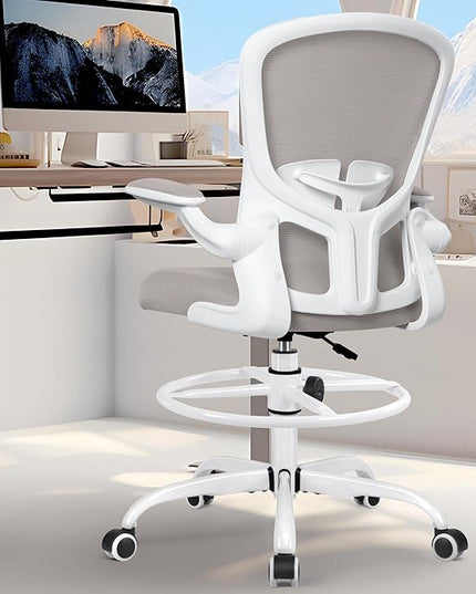 FelixKing Drafting Chair, Tall Office Chairs with Footrest Ring, Home Standing Desk High Chair with Lumbar Support Adjustable Counter Height Ergonomic Swviel Rolling Chairs for Working (Gray) - LeafyLoom